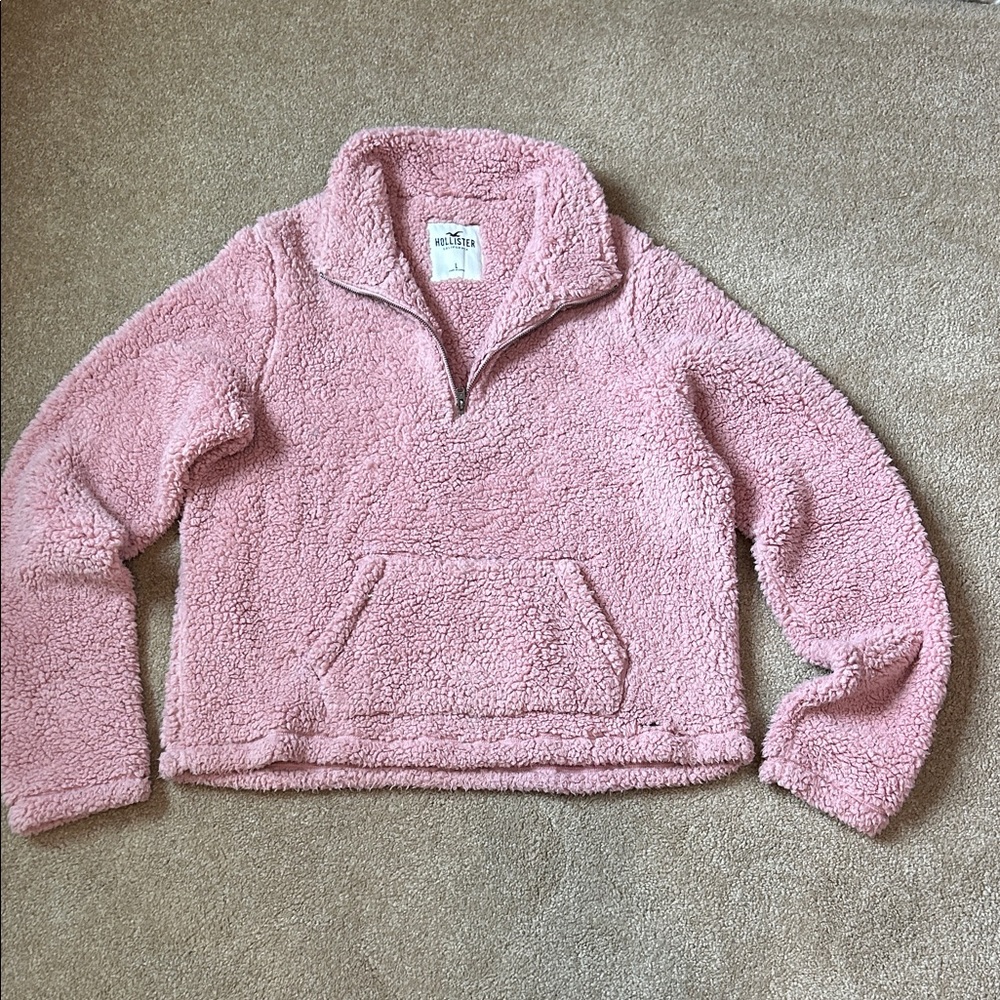 Hollister pink gently worn fleece quarter zip with front pocket